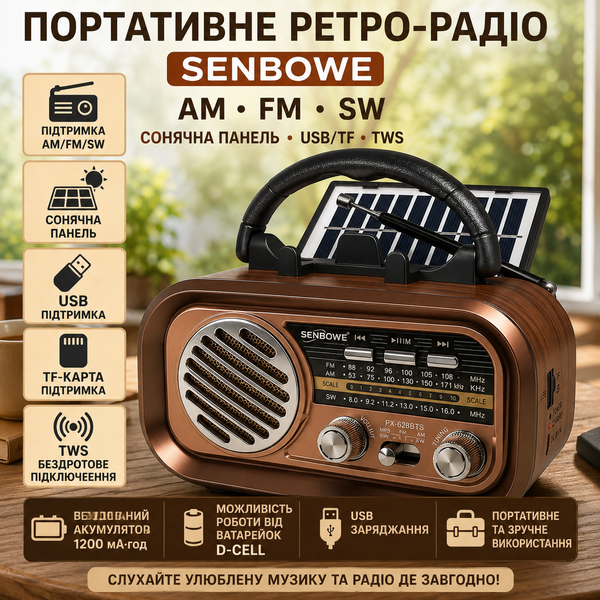 Портативне ретро-радіо AM/FM/SW із сонячною панеллю G5703 фото