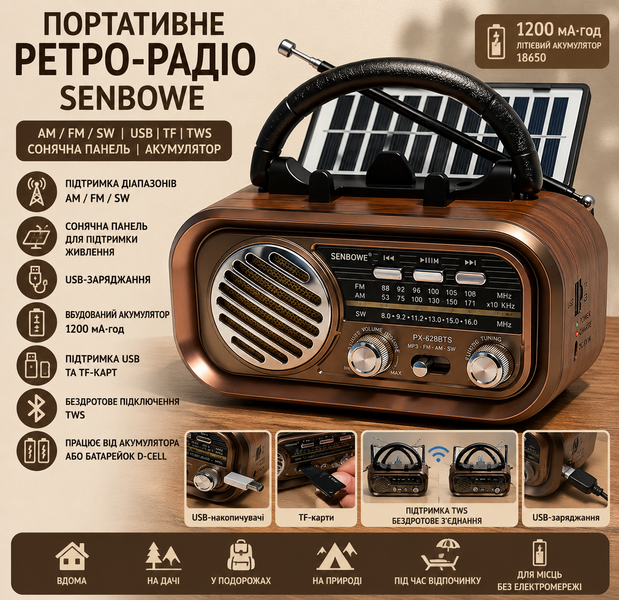 Портативне ретро-радіо AM/FM/SW із сонячною панеллю G5703 фото