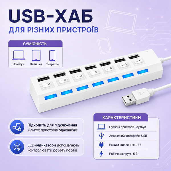 Багатопортовий USB-хаб з LED-індикаторами для ноутбуків G5745 фото