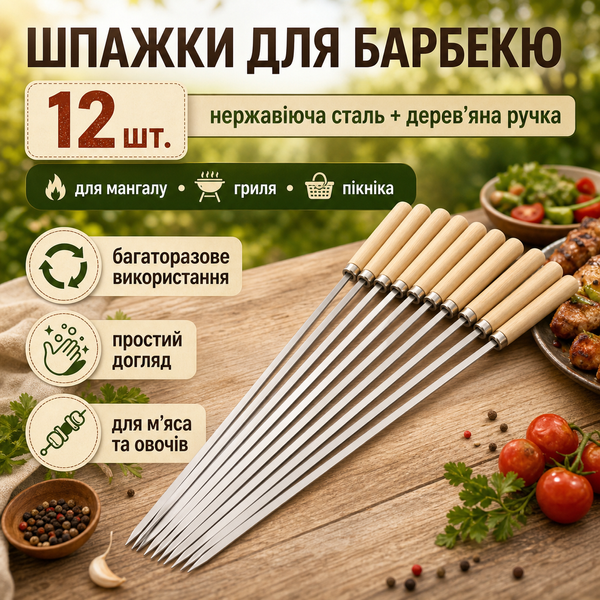 Металеві шпажки з дерев&rsquo;яною ручкою для мангала G5638 фото