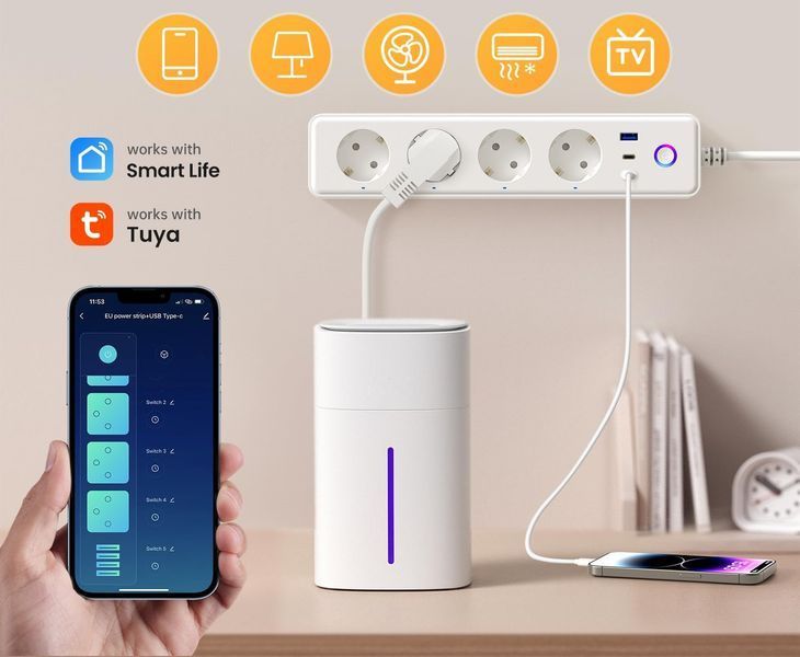 Розумний подовжувач MIUCDA для бездротової мережі з 4 розетками 10 A, 1 USB та 2 портами Type-C 1,5 м L0045 фото