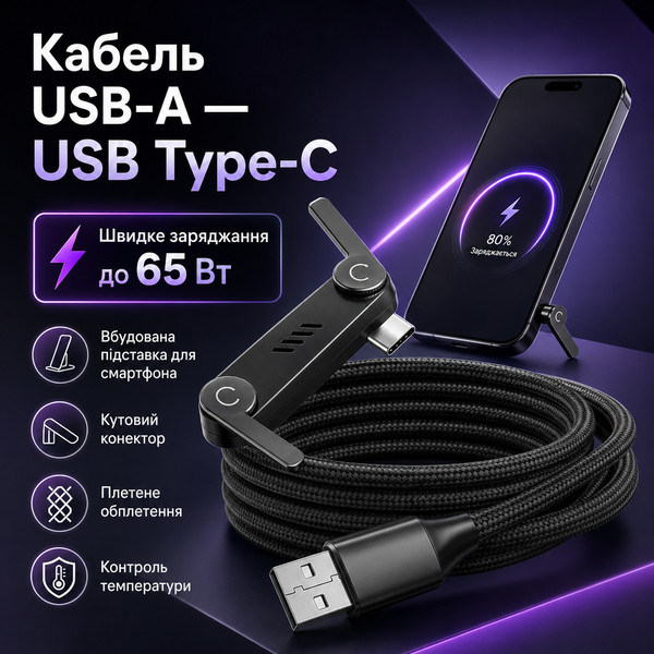 Кабель USB-A &mdash; USB Type-C до 65 Вт із вбудованою підставкою для смартфона G5799 фото