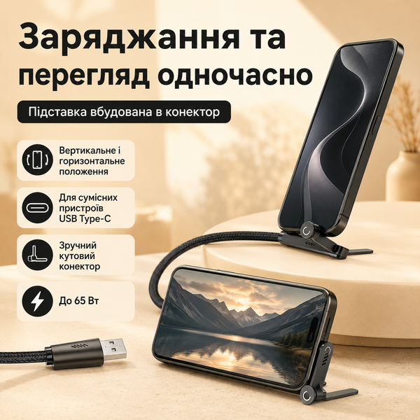 Кабель USB-A &mdash; USB Type-C до 65 Вт із вбудованою підставкою для смартфона G5799 фото
