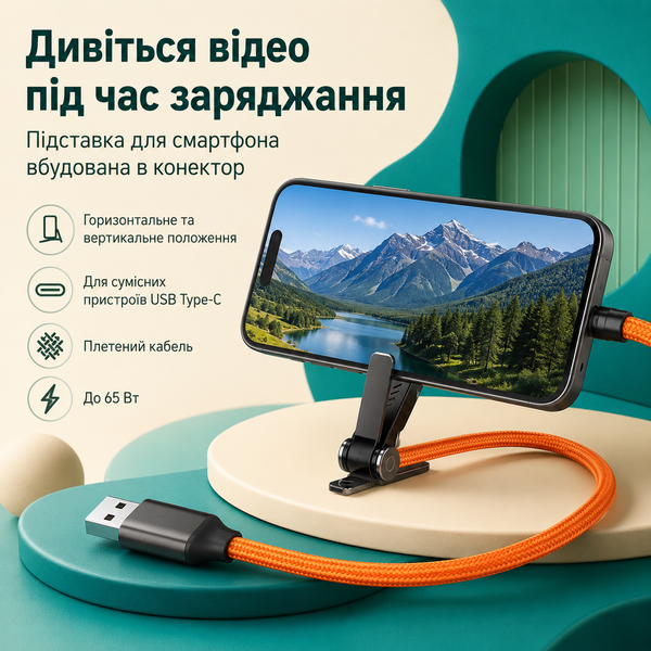 Плетений кабель USB-A &mdash; USB Type-C з кутовим конектором і тримачем для телефона G5800 фото